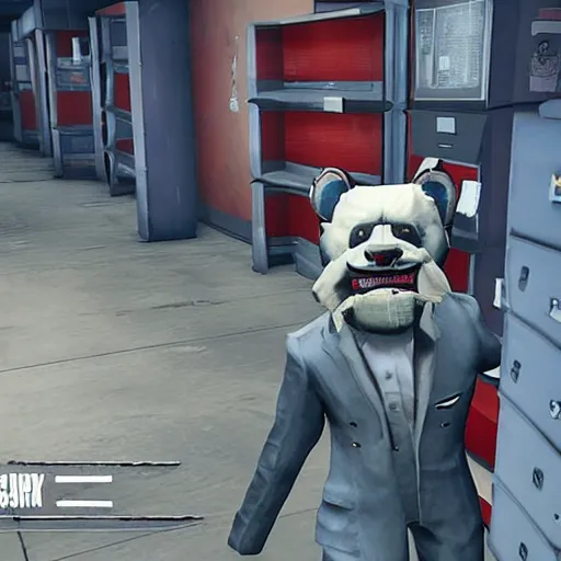 Image similar to Screenshot from the PC game Payday: The Heist demonstrating the fursuit unlock