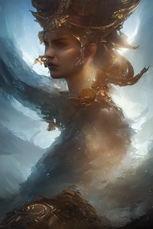 Image similar to Atlantis guardian, portrait, fierce, intricate, elegant, volumetric lighting, scenery, digital painting, highly detailed, artstation, sharp focus, illustration, concept art, ruan jia, steve mccurry