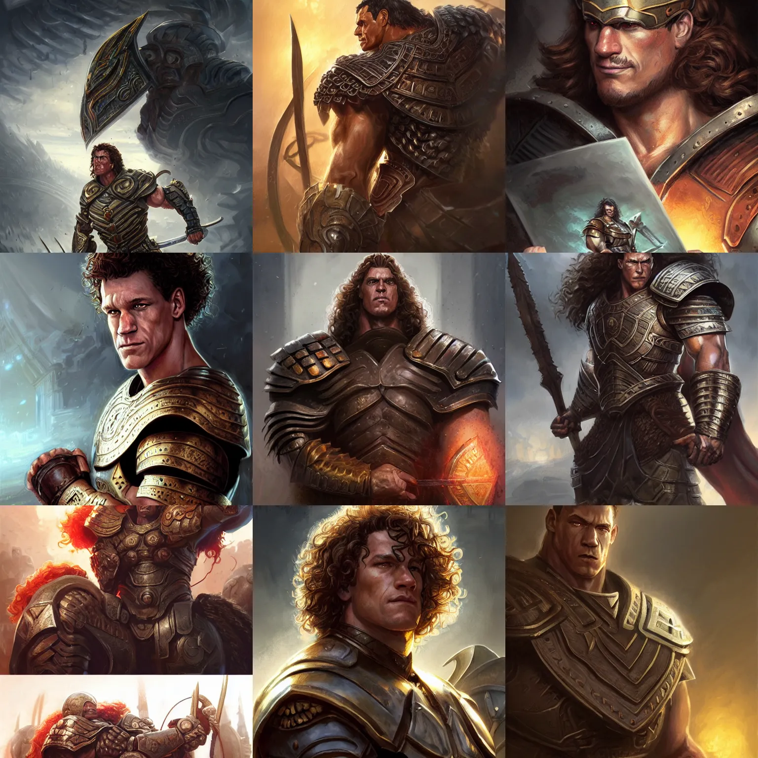 Prompt: ares, john cena, curly hair, hoplite armor, d & d, fantasy, portrait, highly detailed, digital painting, trending on artstation, concept art, sharp focus, illustration, art by artgerm and greg rutkowski and magali villeneuve