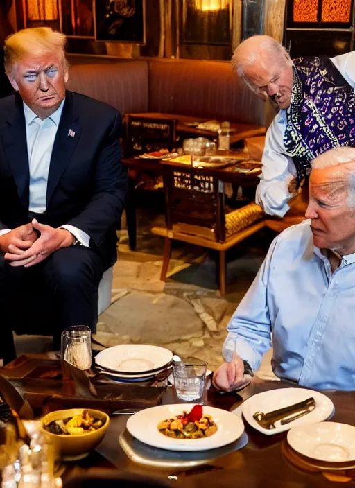 Image similar to Trump and Biden having dinner at a fancy Balinese restaurant, award winning photography, 85mm, perfect faces