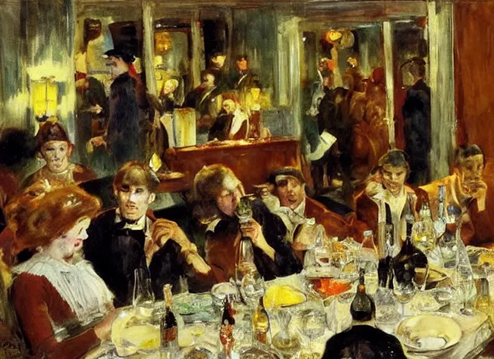 Image similar to men having dinner, singing, roaring twenties, cellar, masterpiece, torches on wall, meat, wine, schnapps, smoking cigars, scantily clad blondes, oil painting by anders zorn and carl larsson, art nouveau