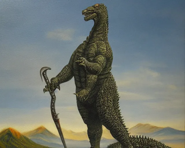 Prompt: ancient godzilla standing in front of altai forest with a sword, detailed oil painting in the style of middle ages