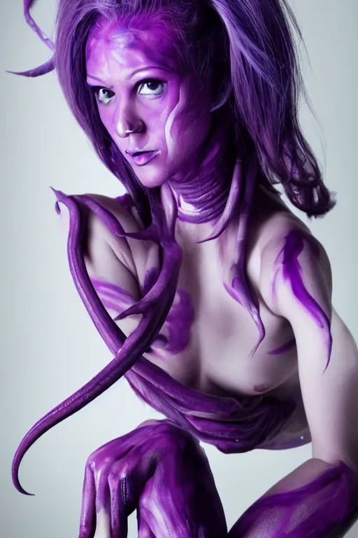 Prompt: purple - skinned alien girl with tentacle hair, cosplay, photo shoot, body paint, beautiful symmetric face, studio lighting
