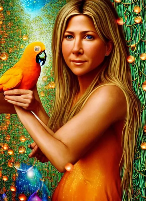 Prompt: hyper detailed 3d render like a Oil painting - Jennifer Anniston with blonde hair in thick mascara seen seriously making soap bubbles and Eating of the Strangling network of spaghetti and exotic colorful trees and Her delicate Hands hold of orange parrots bring iridescent luminescent trees whose blossoms black the intelligent stars by Jacek Yerka, Mariusz Lewandowski, Houdini algorithmic generative render, Abstract brush strokes, Masterpiece, Edward Hopper and James Gilleard, Zdzislaw Beksinski, Mark Ryden, Wolfgang Lettl, Dan Hiller, hints of Yayoi Kasuma, octane render, 8k