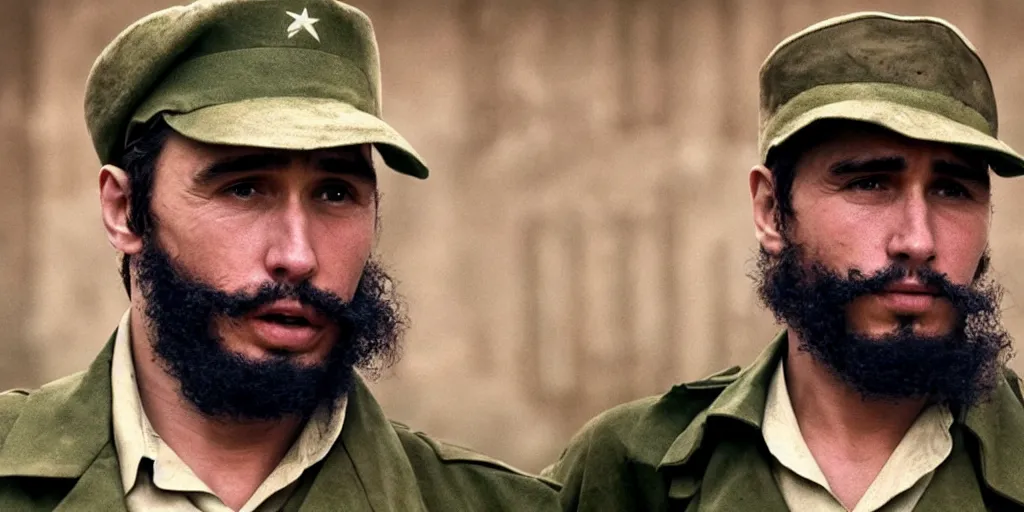 Image similar to James Franco as Fidel Castro in 'Cuba: The Movie' (2024), movie still frame, oscar nominated cinematography, volumetric lighting, 8k resolution, beautiful composition