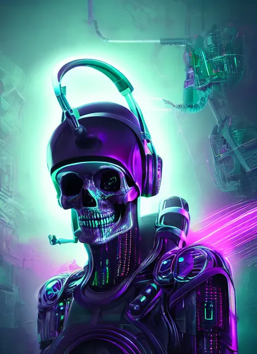 Image similar to a futuristic skull wearing headphones with glowing eyes and a purple background, cyberpunk art by android jones, behance contest winner, computer art, darksynth, synthwave, rendered in cinema 4 d