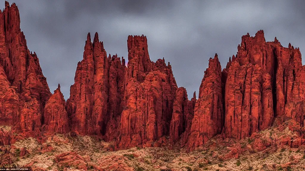 Image similar to an atmospheric film still by Christopher Nolan with a huge towering dark gothic cathedral carved out of rock at the top of a red rock canyon