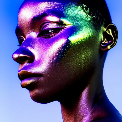 Image similar to portrait of iridescent metallic face, african woman, reflections, smooth, proud looking away, outdoor, blue sky, nature, 8 k, realistic, depth of field, highly detailed, award winning photography,