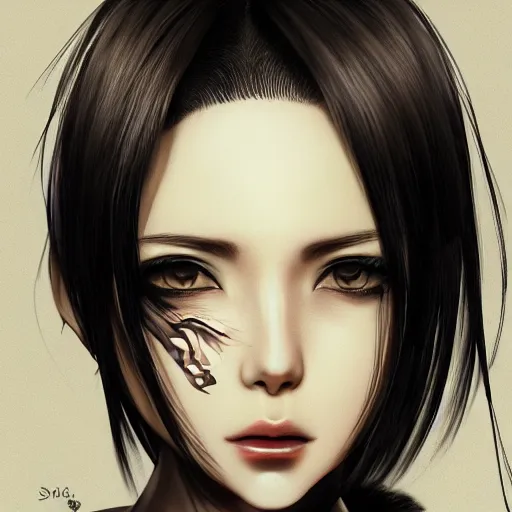 Image similar to heroine, beautiful, sui ishida with black hair, hyperrealistic, highly detailed, 8 k, a real photographic, digital art, character, realistic, full body portrait, symatrical, dark atmospheric lighting, artstation, symetric, lineart