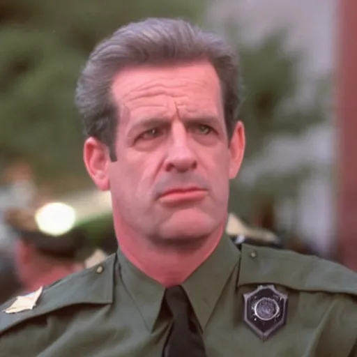 Prompt: Live Action Still of Mahoney in Police Academy (film), real life, hyperrealistic, ultra realistic, realistic, highly detailed, epic, HD quality, 8k resolution, body and headshot, film still