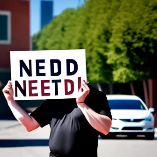 Prompt: elon musk begging money on streets holding sign'need money ', photorealistic, canon 3 5 mm photography