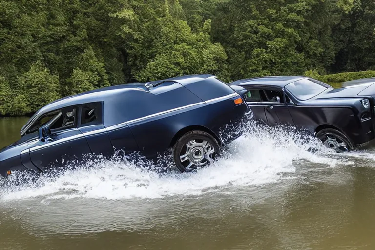 Image similar to Teenagers push Rolls-Royce into lake with their hands from a small slide wanting to drown him