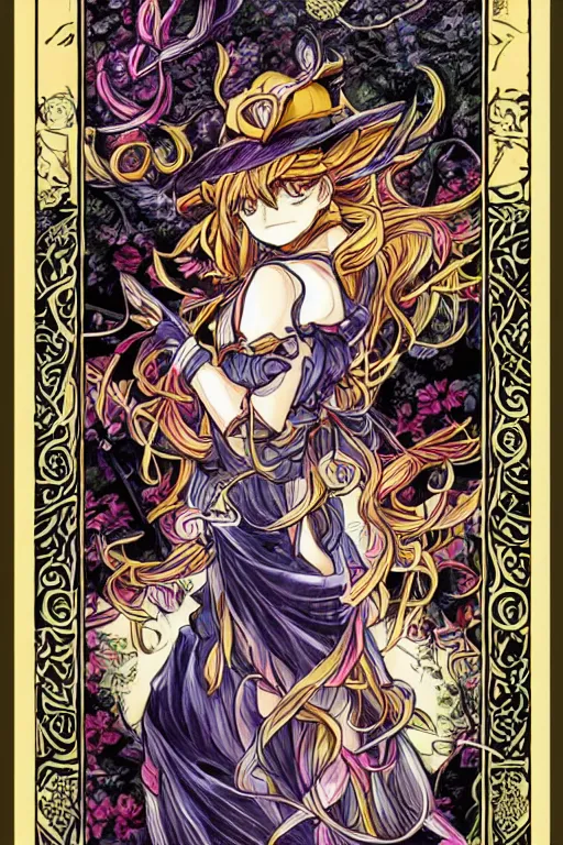 Image similar to marisa kirisame, touhou project, intricate, amazing line work, colorful, tarot cards, the devil tarot card