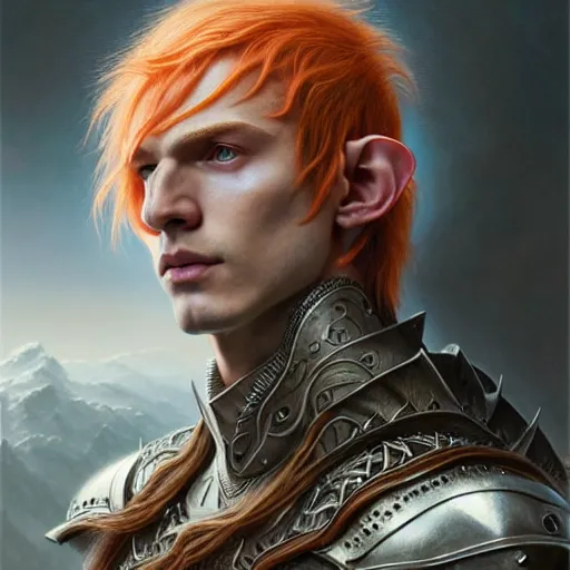 Image similar to portrait painting of a young elven man with a soft face and short light orange hair and tribal tattoos on his face wearing fur armor, ultra realistic, concept art, intricate details, eerie, highly detailed, photorealistic, octane render, 8 k, unreal engine. art by artgerm and greg rutkowski and charlie bowater and magali villeneuve and alphonse mucha