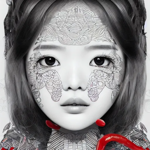 Image similar to the portrait of an unbelievably beautiful and cute japanese girl made up of peppers, an ultrafine detailed illustration by james jean, intricate linework, bright colors, final fantasy, behance contest winner, vanitas, angular, altermodern, unreal engine 5 highly rendered, global illumination, radiant light, detailed and intricate environment