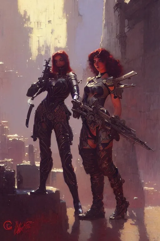 Prompt: futuristic women with medieval armor, holding a gun, painting by gaston bussiere, craig mullins, greg rutkowski, yoji shinkawa