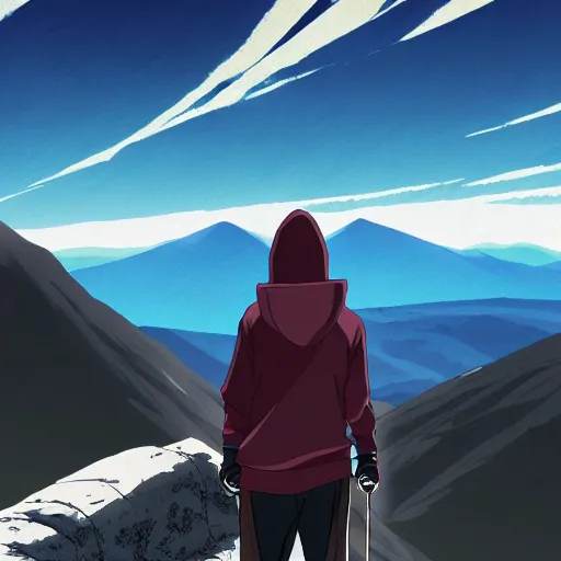 Image similar to person with hoodie walking up a mountain with a backpack that has katanas on the sides by carrie south and aokamei and sasucchi 9 5, anime, amazing composition, astonishing detail, smooth lines, beautiful scenery