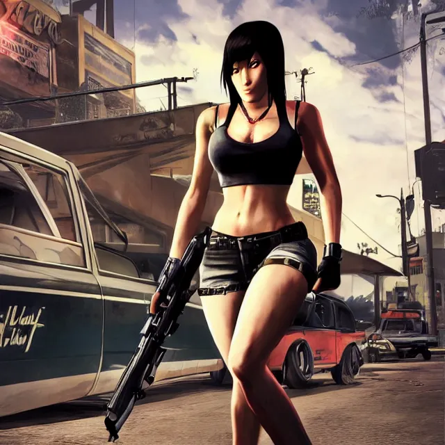 Image similar to Tifa Lockhart in GTA V, Cover art by Stephen Bliss, boxart, loading screen, full body