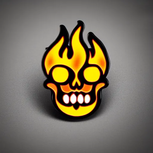 Prompt: a retro minimalistic laughing smiling skull with fire flame enamel pin, hd, concept art