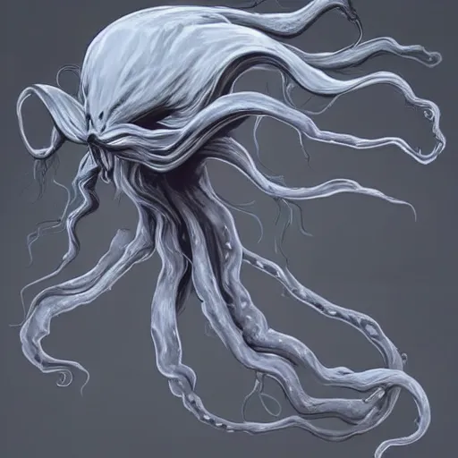 Prompt: concept designs for an ethereal ghostly wraith like figure made from wispy shadows with a squid like parasite latched onto its head and long tentacle arms that flow lazily but gracefully at its sides like a cloak while it floats around a frozen rocky tundra in the snow searching for lost souls and that hides amongst the shadows in the trees, this character has hydrokinesis and electrokinesis for the resident evil village video game franchise with inspiration from the franchise Bloodborne and the mind flayer from stranger things on netflix in the style of a marvel comic