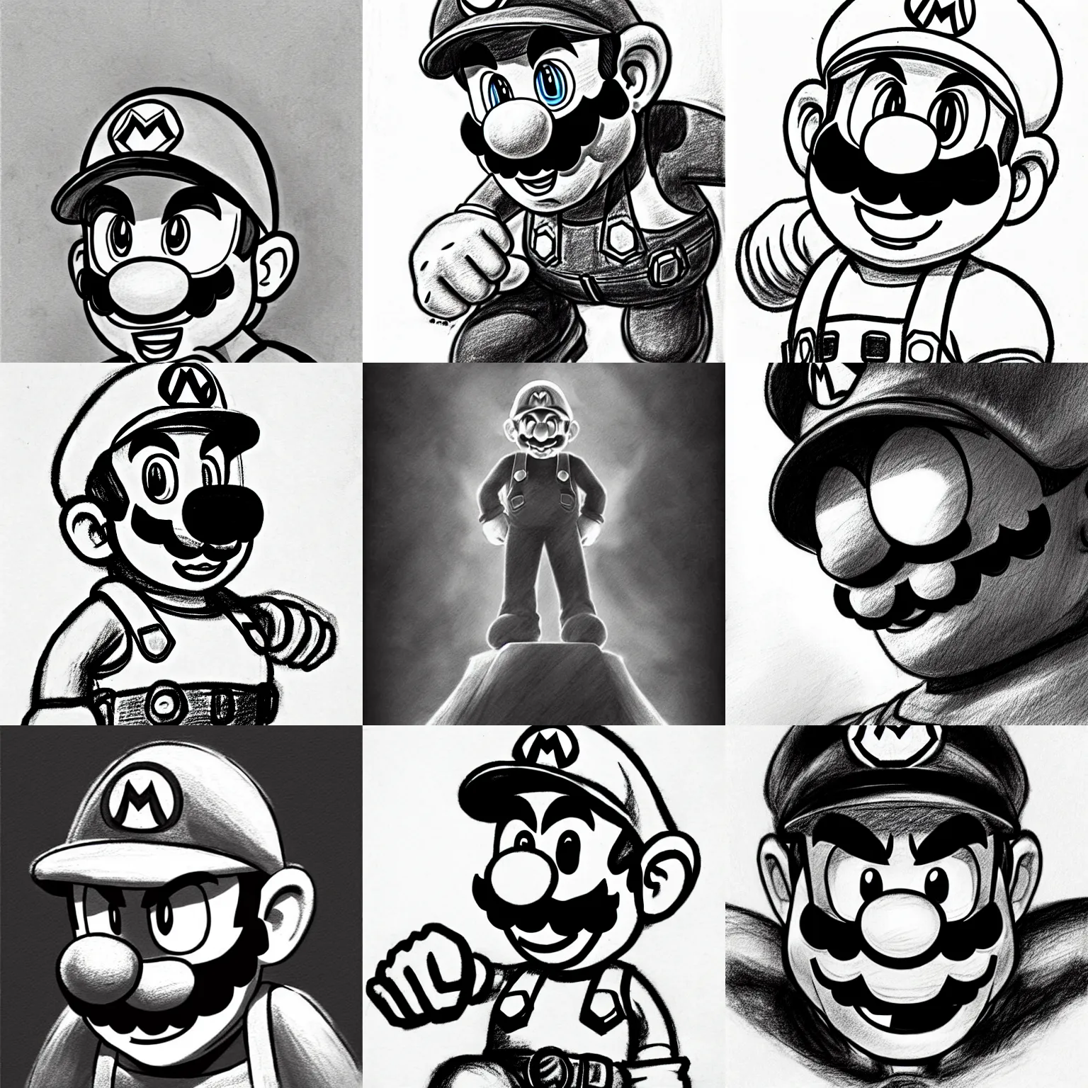 Image similar to epic pencil sketch of super mario, imposing focused gaze, striking manga artstyle, powerful shadows, concept art