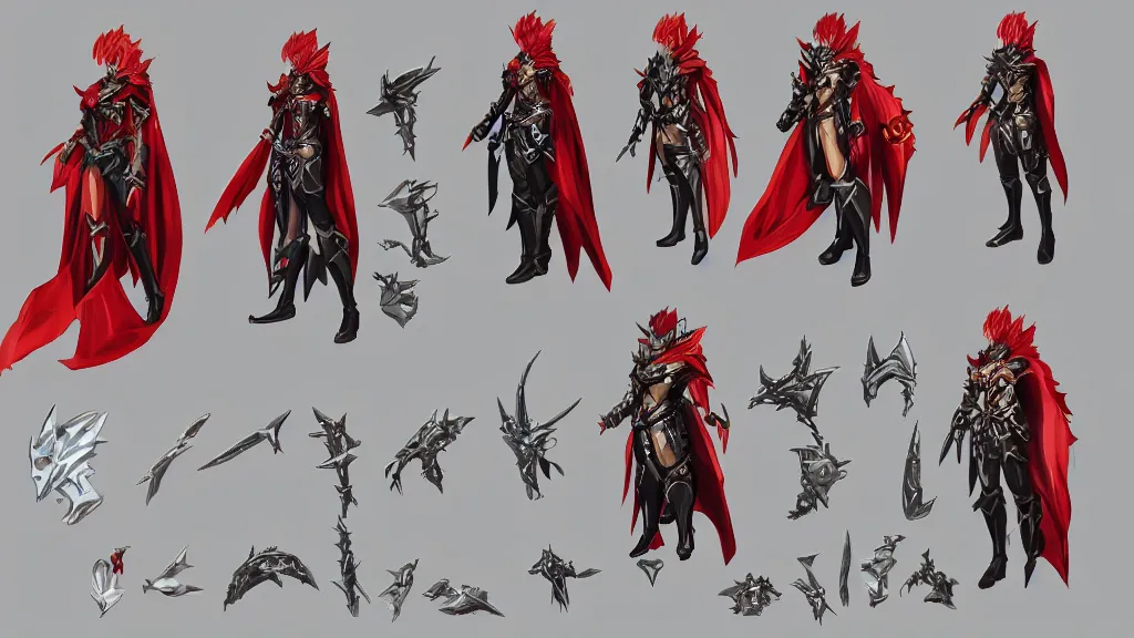 Image similar to Azure Makai Knight from Golden Knight Garo character design sheet, intricate trident weapon, red cape, trending on artstation