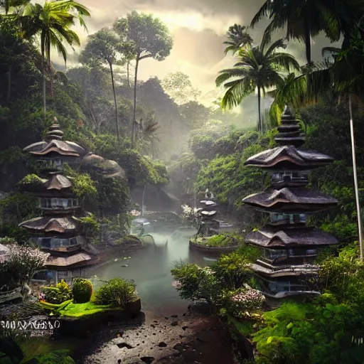 Image similar to A beautiful, perfect, impressive, amazing concept art digital CG painting of a place in Bali, trending on ArtStation, Unreal Engine