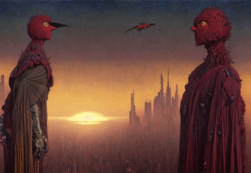 Image similar to realistic detailed portrait movie shot of a birdman wearing dark ragged robes, futuristic city sunrise landscape background by denis villeneuve, jean delville, yves tanguy, alphonse mucha, ernst haeckel, max ernst, roger dean, rich moody colours, cinematic closeup