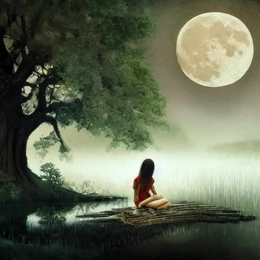 Image similar to a girl sits on the roots of an ancient tree looking at a pond surrounded by a dark towering forest at midnight, the moon can be glimpsed through the trees, everything is veiled by fog, dark fantasy, night time, realistic painting