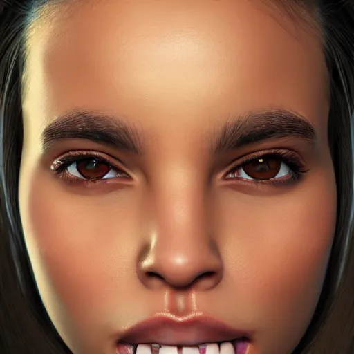 Image similar to hyperrealistic portrait of beautiful mixed race woman, teeth bared, photo realistic, dynamic lighting, artstation, poster, volumetric lighting, very detailed face, 4 k, award winning