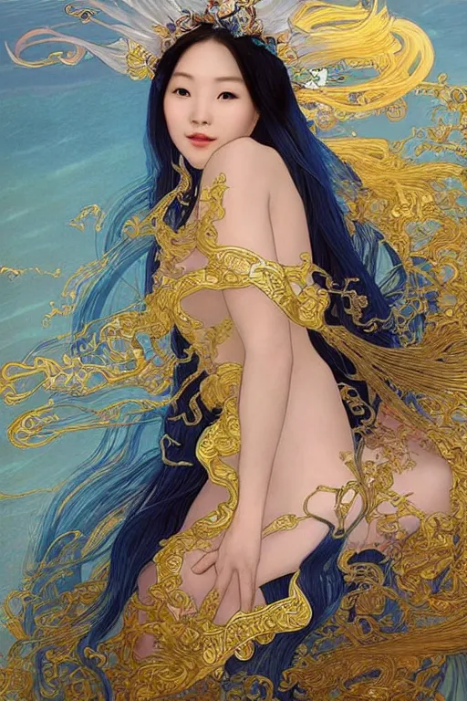 Image similar to a beautiful young woman, Queen of the Sea Mu Yanling, long flowing white hair, blue and yellow robe that resembles floating wings, water flowing and floating around, young female face, liquid magic, cinematic top lighting, insanely detailed and intricate, face by Artgerm, design by Alphonse Mucha, Kuvshinov Ilya, Irakli Nadar, render by krenz cushart, golden ratio, symmetrical proportions, elegant, ornate, luxury, elite, matte painting, MTG, magic the gathering, trending on artstation, cinematic, cgsociety, 8k, high resolution,