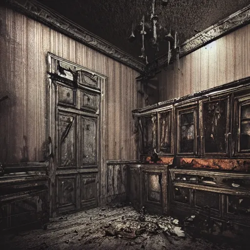 Image similar to a highly detailed photographic render of a creepy old haunted house, dark scene, inside a haunted house, camera POV, horror scene, horror, bloody, ghost, creepy, cinematic lighting, cinematic scene, Volumetric lighting, Atmospheric scene, Dark, Horror, Atmospheric lighting, Global illumination cinematic render, film, beautifully lit, ray traced, octane 3D render, octane render, unreal engine