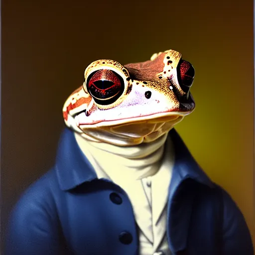 Image similar to a head and shoulders portrait painting of an anthropomorphic!!!!!!!!!! amazon milk frog!!!!!!!!!! wearing a colonial outfit without a hat looking off camera, a character portrait, american romanticism, oil on canvas, soft focus