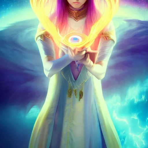 Image similar to rimuru tempest from tensura holding purple fire in her palm, with amber eyes of golden colored eyes, straight hair, sky blue hair, long bangs, concept art, award winning photography, key visual, digital painting, cinematic, wlop, 8 k, by ross tran, andy warhol, tom bagshaw