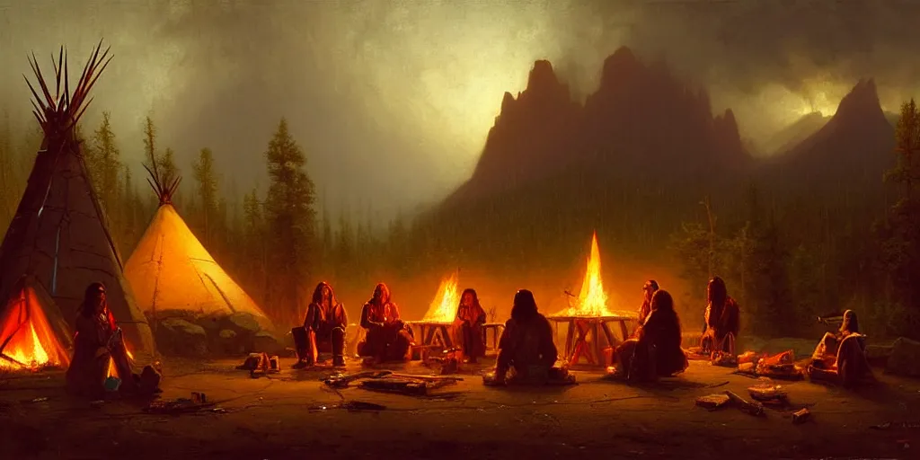 Image similar to some old native americans sitting together at a fire in front of some tipis, beatiful mountain background, cyberpunk, by albert bierstadt, by greg rutkowski, highly detailed, warm lightning, digital painting