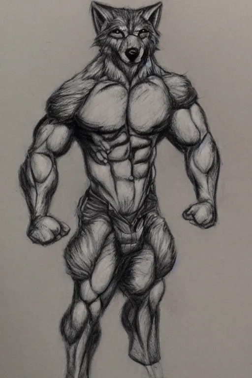 Image similar to master furry artist colored pencil drawing full body portrait character study of the anthro male anthropomorphic wolf fursona animal person bodybuilder at gym