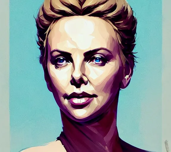 Image similar to portrait of portrait, charlize theron as a queen, fantasy, game of thrones, by atey ghailan, by greg rutkowski, by greg tocchini, by james gilleard, by joe fenton, by kaethe butcher, by ashley wood, dynamic lighting, gradient light blue, brown, blonde cream and white color scheme, grunge aesthetic