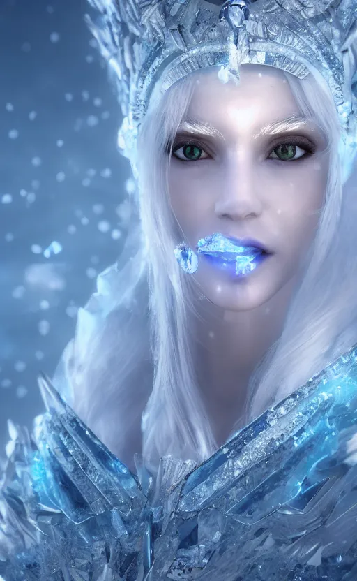 Image similar to ice goddess with beautiful face with a glowing blue crystal on her forehead, frosty white eyes, winter mist around her, white plated armor, pale skin, white smoke, photorealism, octane render, frostbite, 8 k, cinematic, 3 5 mm