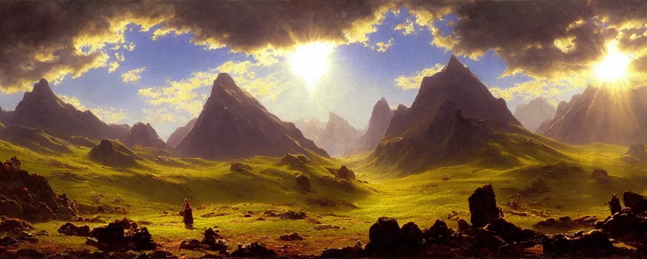 Prompt: epic landscape of rohan in middle earth, sun shining through clouds, large mountains, vast fields, vivid colors, by Bierstadt Albert