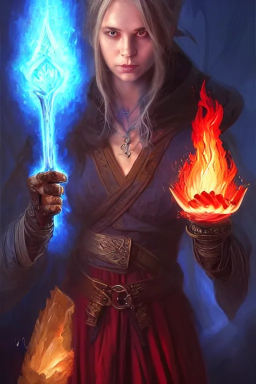 Image similar to Front portrait of mage hold a blue fire on right hand and red fire on the left hand, full body, fine art, awesome fantasy book cover on Pinterest, award winning, dark fantasy landscape, fantasy magic, intricate, elegant, sharp focus, cinematic lighting, highly detailed, digital painting, concept art, art by WLOP and Artgerm and Greg Rutkowski, masterpiece, trending on artstation, 8K