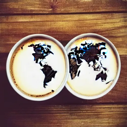 Prompt: Photo of the world map drawn in a cup of coffee sitting over a wooden table, award-winning, 35mm camera, amazing, pinterest