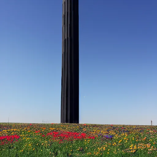 Prompt: A very tall black column stands in the middle of an infinite plain covered with colorful flowers