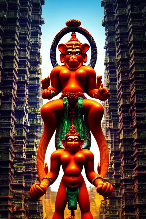 Image similar to high quality 3 d cyberpunk biomorphic hanuman! head building in the middle of mumbai!!, kalighat highly detailed, cinematic smooth, stephen shore & john j. park, soft morning light, wide shot, high angle, uhd 8 k, sharp focus