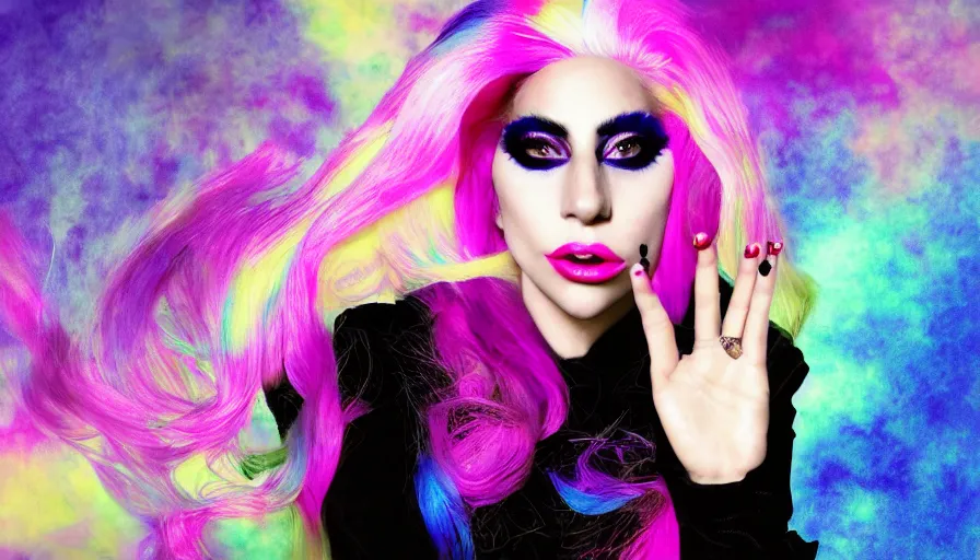 Image similar to lady gaga with long white hair holding a peace sign, an album cover by Hedi Xandt, featured on deviantart, holography, smokey background, matte background, seapunk High resolution. Highly detailed. Dramatic. 8k.4k.