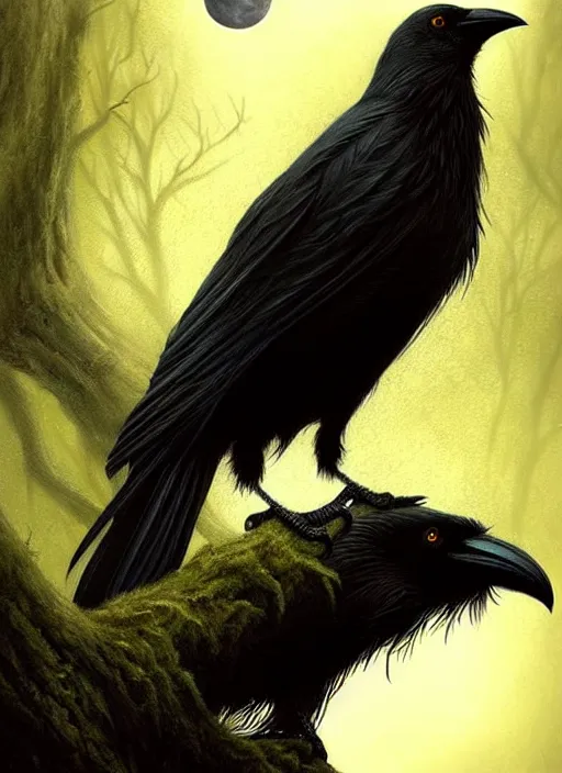 Image similar to side portrait dark crow on tree in front of the full big moon, fine art, awesome fantasy book cover on Pinterest, award winning, fantasy forest landscape, fantasy magic, dark golden light night, intricate, elegant, sharp focus, illustration, highly detailed, digital painting, concept art, matte, art by WLOP and Artgerm and Greg Rutkowski, masterpiece, trending on artstation