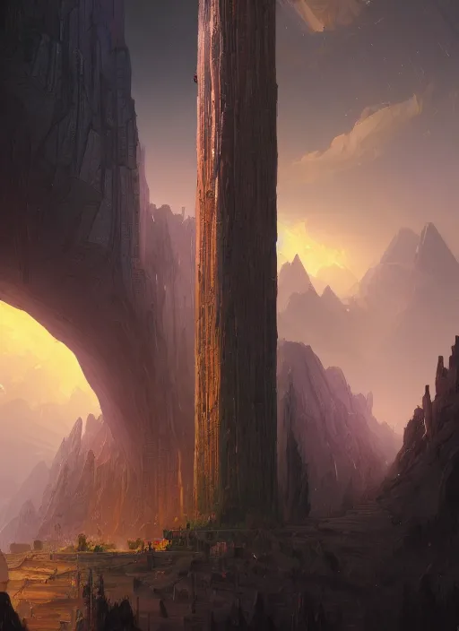 Prompt: a monumental layered pillar so big that cities are built inside of it, pitchblack sky, extremly detailed digital painting, vibrant colors, in the style of andreas rocha and noah bradley and tyler edlin and peter mohrbacher, mystical colors, rim light, beautiful lighting, 8 k, stunning scene, raytracing, octane, trending on artstation