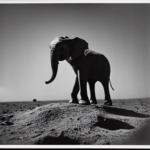 Prompt: extremely detailed black and white polaroid picture by john l. gaunt of a baby elephant standing on the moon's surface. the sky is ominous and filled with crashing meteorites. very grainy picture. dramatic lighting.