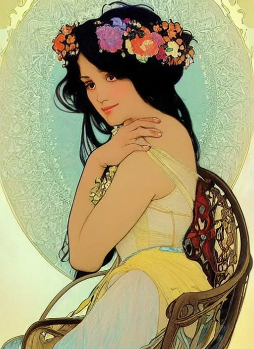 Prompt: beautiful woman with long black hair, tan skin, hourglass figure, round cute face wearing a colorful disney princess gown with mickey mouse ears headband sitting in an armchair. beautiful painting by alphonse mucha