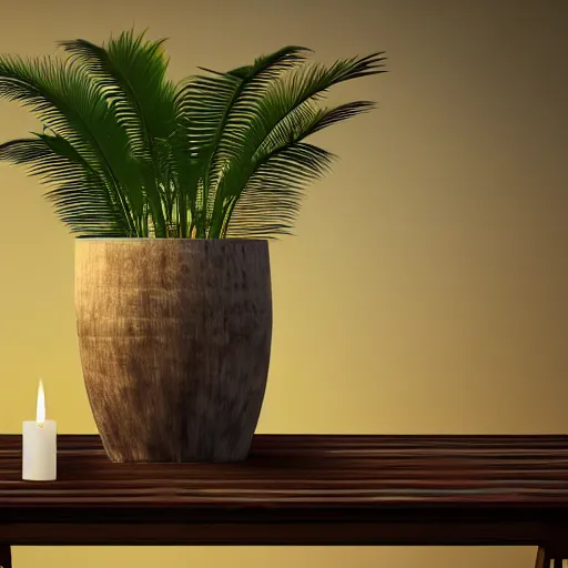 Image similar to a large vase with palms on top of a antique wooden table, vegetables on table and candle, medieval old concept art, cinematic lightning and colors, vray tracing, rendered in unreal engine, dark lightning, contrast shadows, super detailed, 8 k