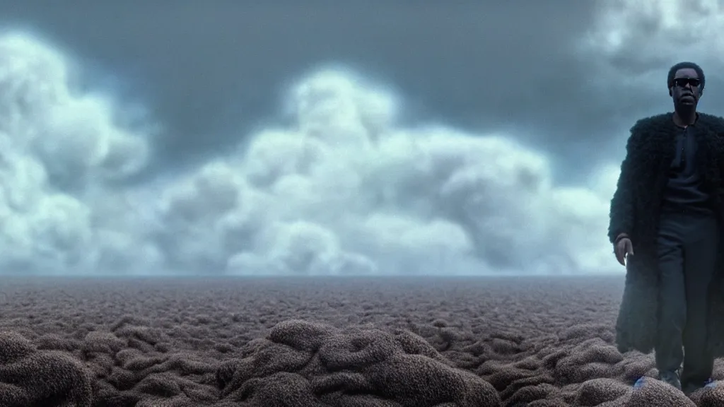 Prompt: a black man with long curly hair, wearing glasses, walking out of a the fluffy clouds gate, extreme detailed face, film still from the movie directed by Denis Villeneuve with art direction by Zdzisław Beksiński, wide lens